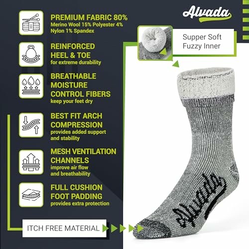 Alvada premium wool socks with features and benefits listed.