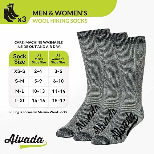 Alvada men's and women's wool hiking socks in gray, with size chart and care instructions.