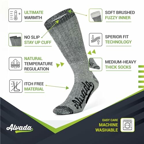 Alvada wool socks with features like warmth, non-slip cuff, and machine washable.