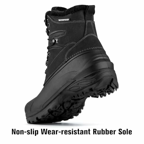 Black waterproof boot with non-slip rubber sole