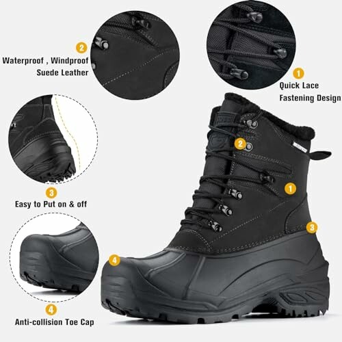 Black winter snow boots with features like waterproof suede leather, quick lace design, easy on-off, and anti-collision toe cap.