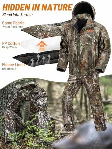 Camouflage hunting gear with fabric details and hunter in background.