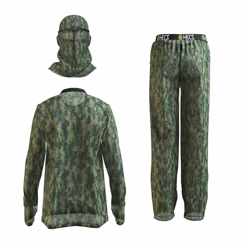 Camouflage hunting suit with pants, jacket, and head covering.