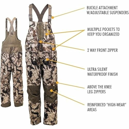 Camouflage hunting bib overalls with adjustable suspenders, multiple pockets, 2-way front zipper, waterproof finish, knee zippers, and reinforced areas.