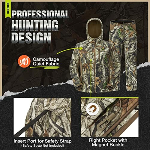 Camouflage hunting gear with quiet fabric and magnet buckle.