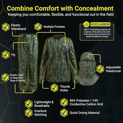 Camouflage clothing with comfort features like elastic waistband and multiple pockets.