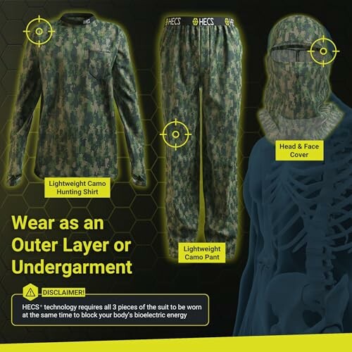 HECS camo hunting gear including shirt, pants, and head cover.