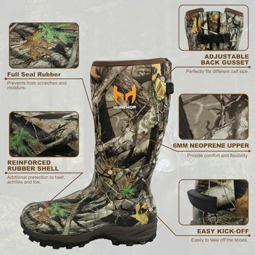 Camouflage hunting boots with features highlighted like full seal rubber, adjustable back gusset, reinforced rubber shell, 6mm neoprene upper, and easy kick-off.