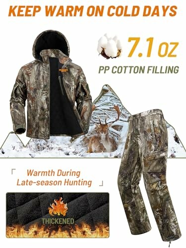 Insulated hunting jacket and pants with camouflage pattern, featuring 7.1 oz PP cotton filling for warmth.