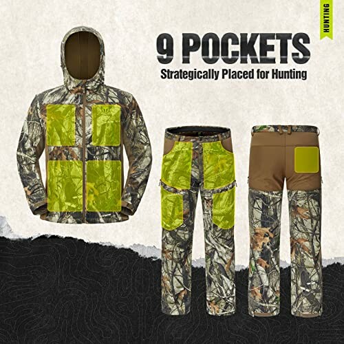 Hunting jacket and pants with highlighted pockets.