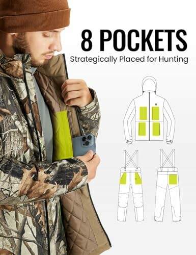 Man wearing camo jacket with strategically placed pockets for hunting.