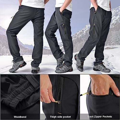 Men wearing black hiking pants with various pocket features in a snowy mountain setting.