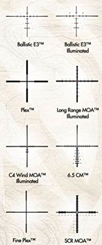 Various rifle scope reticle designs including Ballistic E3, Plex, Long Range MOA.