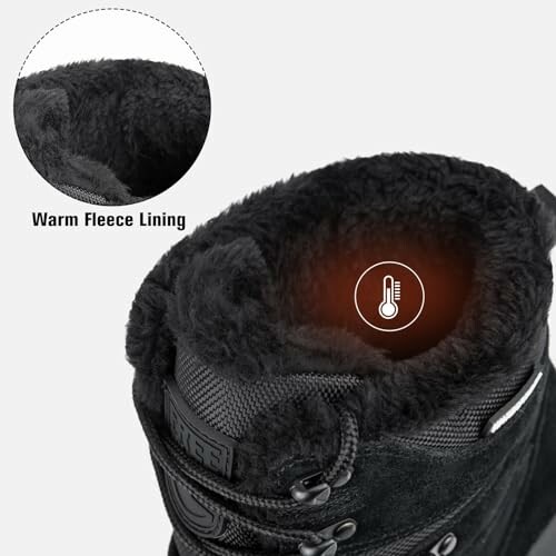 Close-up of a boot with warm fleece lining and a temperature icon.