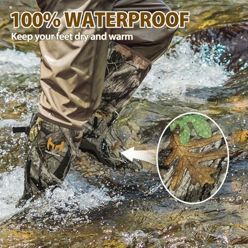 Person wearing waterproof boots standing in a stream.