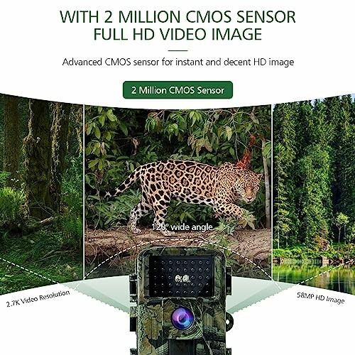 Wildlife camera with 2 million CMOS sensor, showing HD video image capabilities.